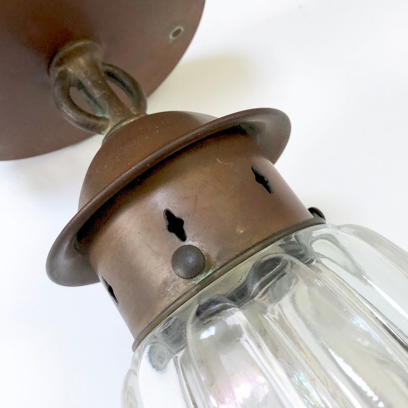 Vintage COPPER Ceiling Light Fixture, Wavy Glass Center Outdoor Indoor Arts Crafts Mid Century Design - Hall Light Mounted image 3