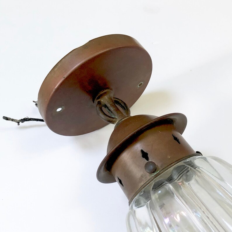 Vintage COPPER Ceiling Light Fixture, Wavy Glass Center Outdoor Indoor Arts Crafts Mid Century Design - Hall Light Mounted image 2