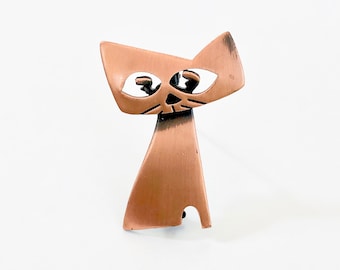 Vintage Art Deco Modern Copper Cat Pin Brooch - Signed KIM - Mid Century Modern Pin - Copper Jewelry