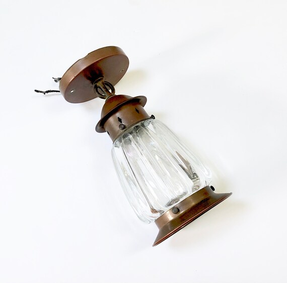 Vintage COPPER Ceiling Light Fixture, Wavy Glass Center  Outdoor Indoor Arts Crafts Mid Century Design - Hall Light Mounted