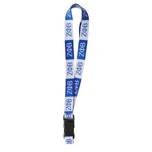 May include: A blue and white lanyard featuring a repeating pattern of the Greek letters ZΦB printed in blue. The fabric strap is looped and includes a black plastic side-release buckle at the bottom for securing items or identification badges.