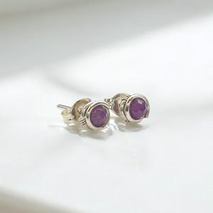 May include: A pair of silver stud earrings with purple gemstone accents. The earrings are simple and elegant, perfect for everyday wear.