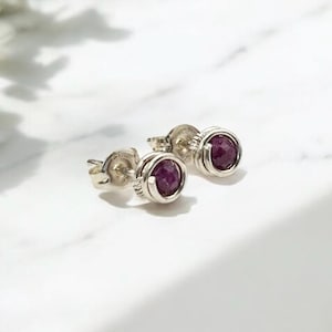 Peut inclure: Une paire de boucles d'oreilles en argent avec une petite pierre précieuse ronde violette dans chaque boucle d'oreille.