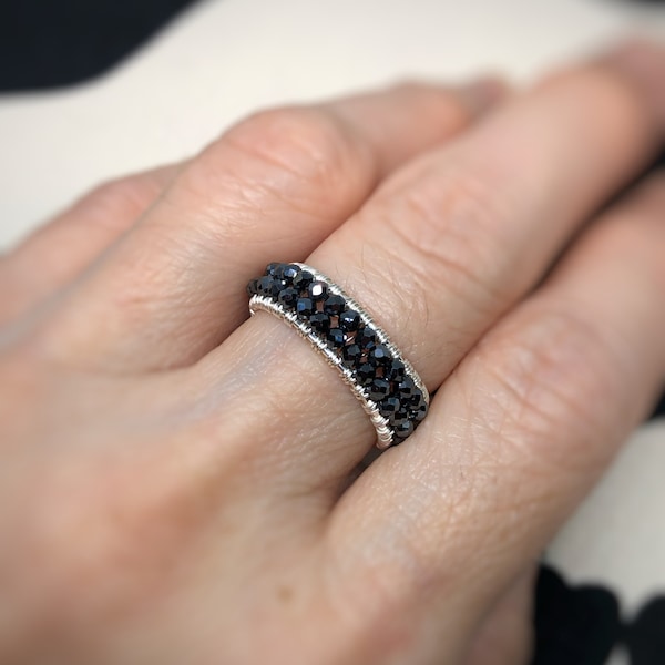 Black Spinel Ring, Boho Chic Jewelry, Gemstone Stacking Ring for Women, Metaphysical Jewelry Protection, Thin Silver Rings, Protective Stone