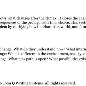 May include: A document titled Resolution, explaining how it shows changes after the climax, closes the chain reaction, and reveals consequences. It lists examples including character, world, and future change, with a copyright notice for John Q Writing Systems.