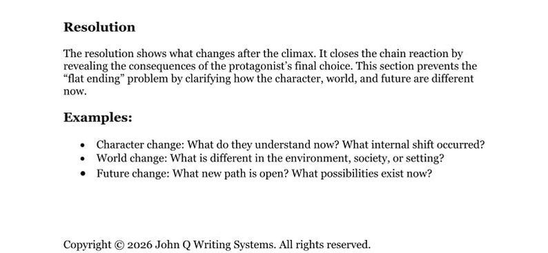 May include: A document titled Resolution, explaining how it shows changes after the climax, closes the chain reaction, and reveals consequences. It lists examples including character, world, and future change, with a copyright notice for John Q Writing Systems.