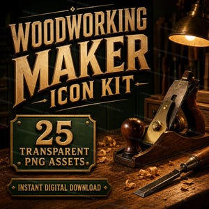 Op de afbeelding: Een digitale assetcollectie getiteld WOODWORKING MAKER ICON KIT met 25 transparante PNG-bestanden. De afbeelding toont een houten handschaaf en een beitel op een werkbank, met tekst die wijst op een directe digitale download voor de set.