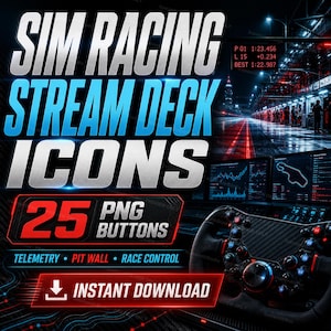 Op de afbeelding: Een digitale afbeelding met de tekst SIM RACING STREAM DECK ICONS en 25 PNG BUTTONS. De afbeelding toont een racestuur, telemetriegegevens en een pitstraat met rode en blauwe lichtaccenten en een label voor directe download.