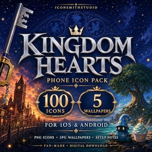 Puede incluir: Un paquete de iconos digitales para teléfono de Kingdom Hearts con 100 iconos y 5 fondos de pantalla para iOS y Android. La imagen muestra una llave espada plateada, un fondo azul estrellado, una torre de reloj, un mago azul y un postre.