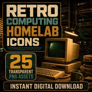 Retro Computing Homelab Icons, 25 Transparent PNG Assets for Stream Deck Dashboard Notion