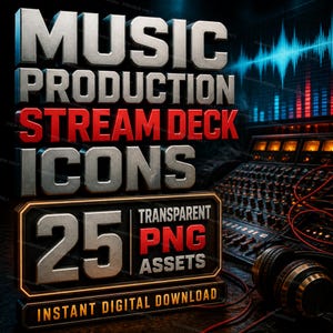 Op de afbeelding: Een digitale afbeelding met de tekst MUSIC PRODUCTION STREAM DECK ICONS 25 TRANSPARENT PNG ASSETS INSTANT DIGITAL DOWNLOAD in metallic zilveren en rode letters, tegen een achtergrond van een muziek mengpaneel en een koptelefoon.