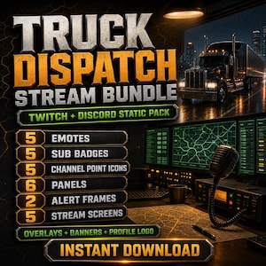 Puede incluir: Gráfico digital para un paquete de streaming Truck Dispatch con un camión en una carretera lluviosa. El texto enumera 5 emotes, 5 insignias de suscriptor, 5 iconos de puntos de canal, 6 paneles, 2 marcos de alerta, 5 pantallas, banners y logo.