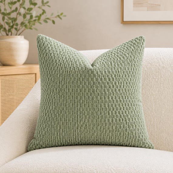 Kissenbezug in Salbeigrün mit Strickstruktur – Sofa-Akzent im Landhaus-Boho-Stil