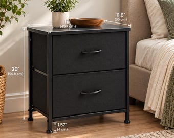 Modern Black Nightstand, 2 Drawer Bedside Table, Fabric Storage Cabinet, Metal Frame Bedroom Furniture