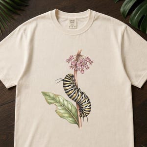 Monarch Caterpillar Shirt, Comfort Colors® Vintage Botanical Bug Tee, Cottagecore Insect Tshirt, Butterfly Garden Gift, Science Teacher Gift