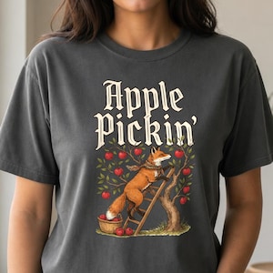 Red Fox Apple Picking Shirt, Comfort Colors® Vintage Fall Harvest Tee, Apple Pickin' Orchard Cottagecore Illustration, Fox Lover Gift