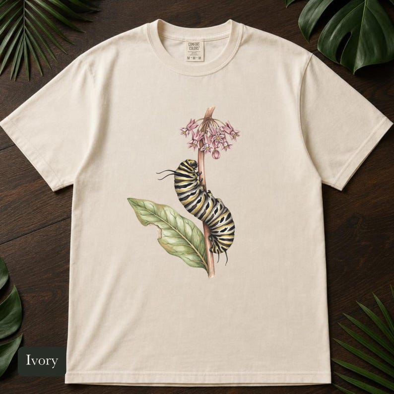 Monarch Caterpillar Shirt, Comfort Colors® Vintage Botanical Bug Tee, Cottagecore Insect Tshirt, Butterfly Garden Gift, Science Teacher Gift