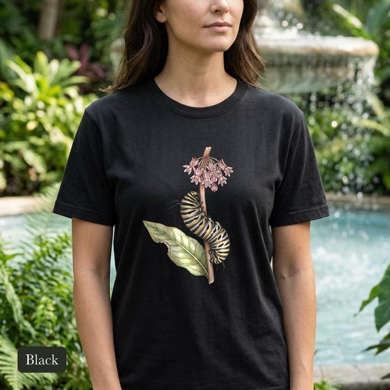 Monarch Caterpillar Shirt, Comfort Colors® Vintage Botanical Bug Tee, Cottagecore Insect Tshirt, Butterfly Garden Gift, Science Teacher Gift