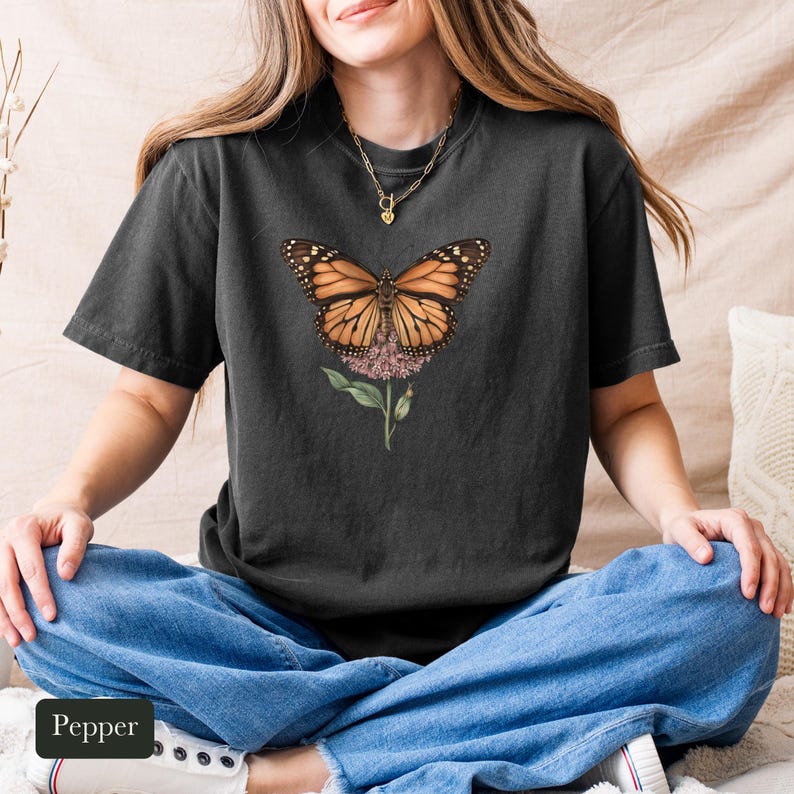 Monarch Butterfly Shirt, Comfort Colors® Cottagecore Wildflower Tee, Botanical Insect Shirt, Butterfly Garden Gift, Entomology Gift