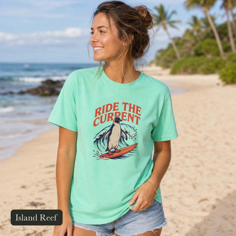 Penguin Shirt, Ride The Current, Comfort Colors®, Vintage Surf Art, Ocean Wave Lover Gift, Retro Beach Vibes, Marine Life Design