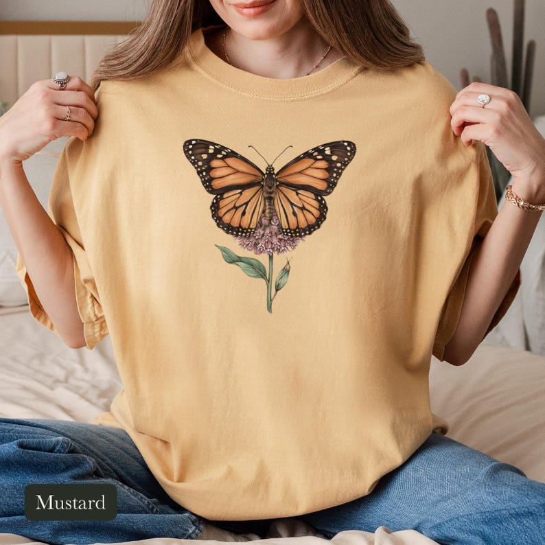 Monarch Butterfly Shirt, Comfort Colors® Cottagecore Wildflower Tee, Botanical Insect Shirt, Butterfly Garden Gift, Entomology Gift