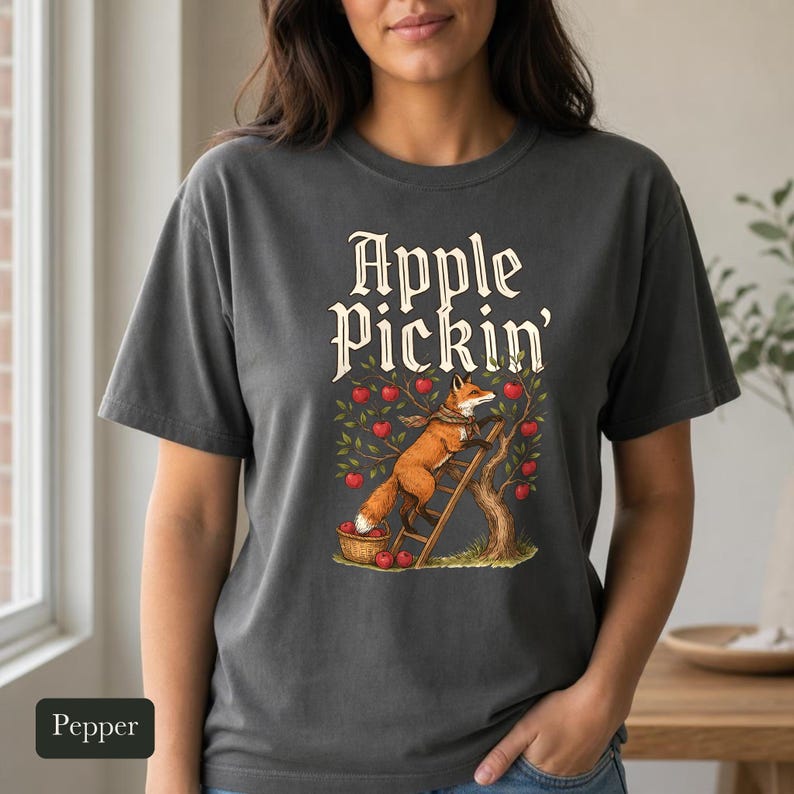 Red Fox Apple Picking Shirt, Comfort Colors® Vintage Fall Harvest Tee, Apple Pickin' Orchard Cottagecore Illustration, Fox Lover Gift