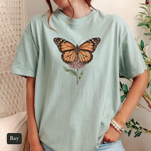 Monarch Butterfly Shirt, Comfort Colors® Cottagecore Wildflower Tee, Botanical Insect Shirt, Butterfly Garden Gift, Entomology Gift
