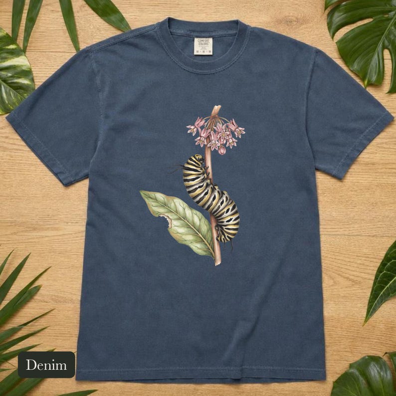 Monarch Caterpillar Shirt, Comfort Colors® Vintage Botanical Bug Tee, Cottagecore Insect Tshirt, Butterfly Garden Gift, Science Teacher Gift