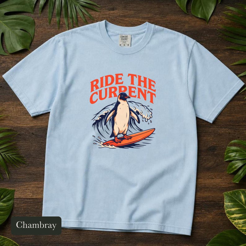 Penguin Shirt, Ride The Current, Comfort Colors®, Vintage Surf Art, Ocean Wave Lover Gift, Retro Beach Vibes, Marine Life Design