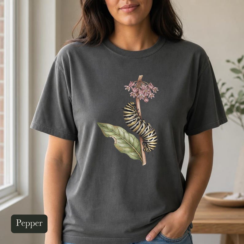 Monarch Caterpillar Shirt, Comfort Colors® Vintage Botanical Bug Tee, Cottagecore Insect Tshirt, Butterfly Garden Gift, Science Teacher Gift