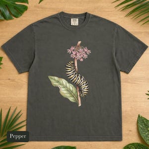 Monarch Caterpillar Shirt, Comfort Colors® Vintage Botanical Bug Tee, Cottagecore Insect Tshirt, Butterfly Garden Gift, Science Teacher Gift