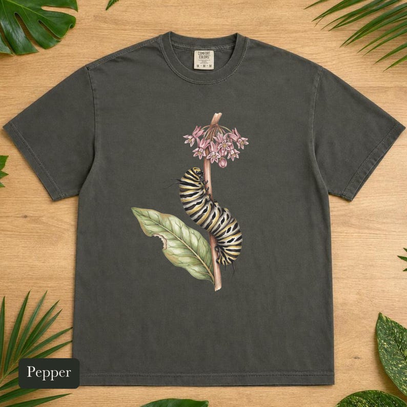 Monarch Caterpillar Shirt, Comfort Colors® Vintage Botanical Bug Tee, Cottagecore Insect Tshirt, Butterfly Garden Gift, Science Teacher Gift
