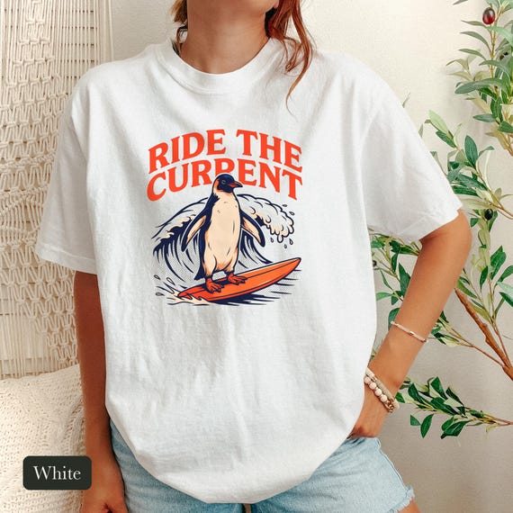 Surfing Penguin Shirt, Ride The Current Retro Surf Tee, Comfort Colors® Bird Nerd Shirt, Penguin Gift for Surfers, Beach Vacation Shirt