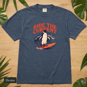 Penguin Shirt, Ride The Current, Comfort Colors®, Vintage Surf Art, Ocean Wave Lover Gift, Retro Beach Vibes, Marine Life Design