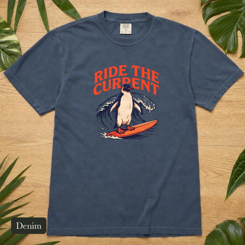 Penguin Shirt, Ride The Current, Comfort Colors®, Vintage Surf Art, Ocean Wave Lover Gift, Retro Beach Vibes, Marine Life Design