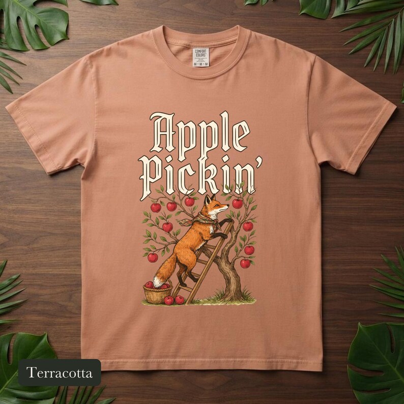Red Fox Apple Picking Shirt, Comfort Colors® Vintage Fall Harvest Tee, Apple Pickin' Orchard Cottagecore Illustration, Fox Lover Gift