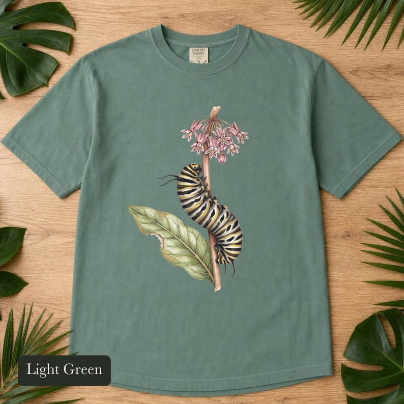 Monarch Caterpillar Shirt, Comfort Colors® Vintage Botanical Bug Tee, Cottagecore Insect Tshirt, Butterfly Garden Gift, Science Teacher Gift