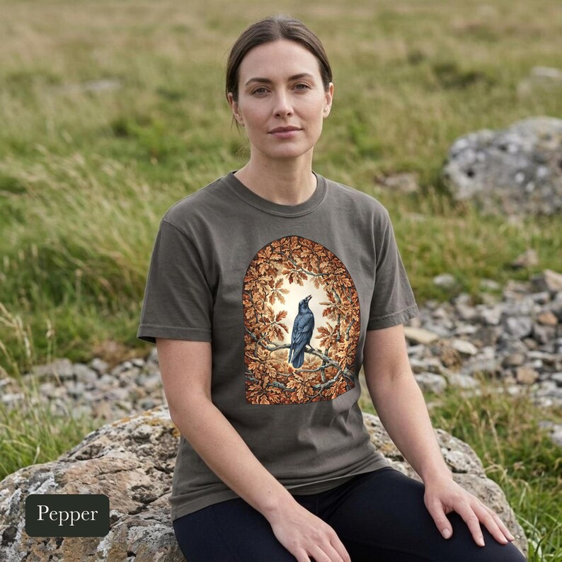Crow and Oak Comfort Colors® Shirt, Autumn Dawn Vintage Nature Illustration