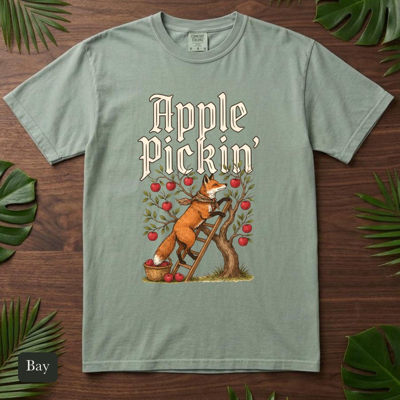 Red Fox Apple Picking Shirt, Comfort Colors® Vintage Fall Harvest Tee, Apple Pickin' Orchard Cottagecore Illustration, Fox Lover Gift