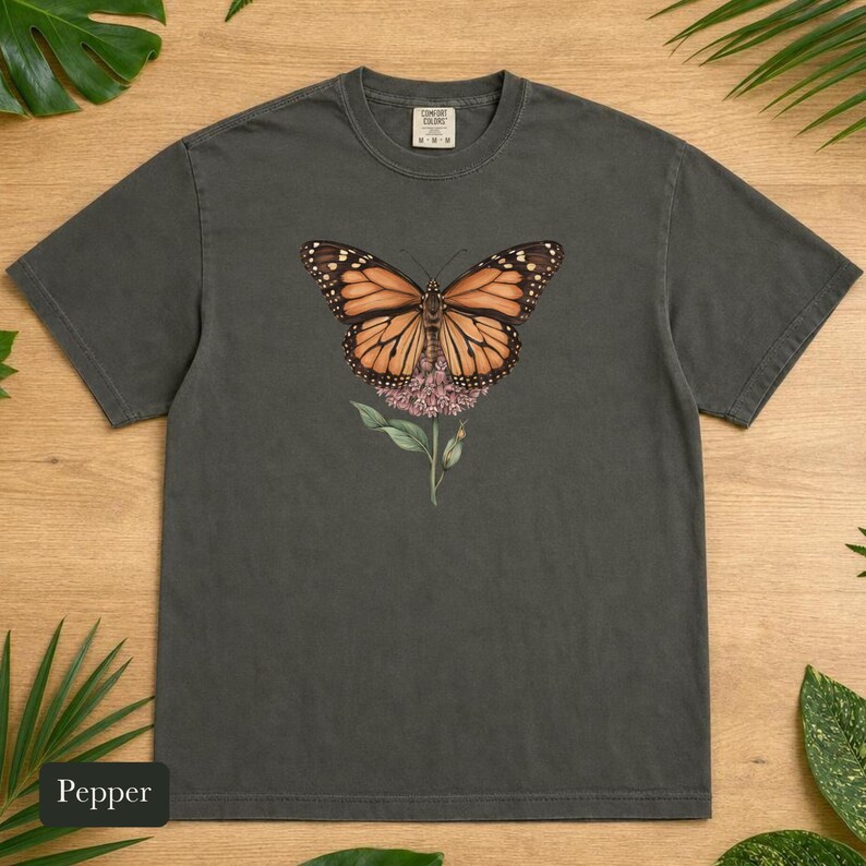 Monarch Butterfly Shirt, Comfort Colors® Cottagecore Wildflower Tee, Botanical Insect Shirt, Butterfly Garden Gift, Entomology Gift