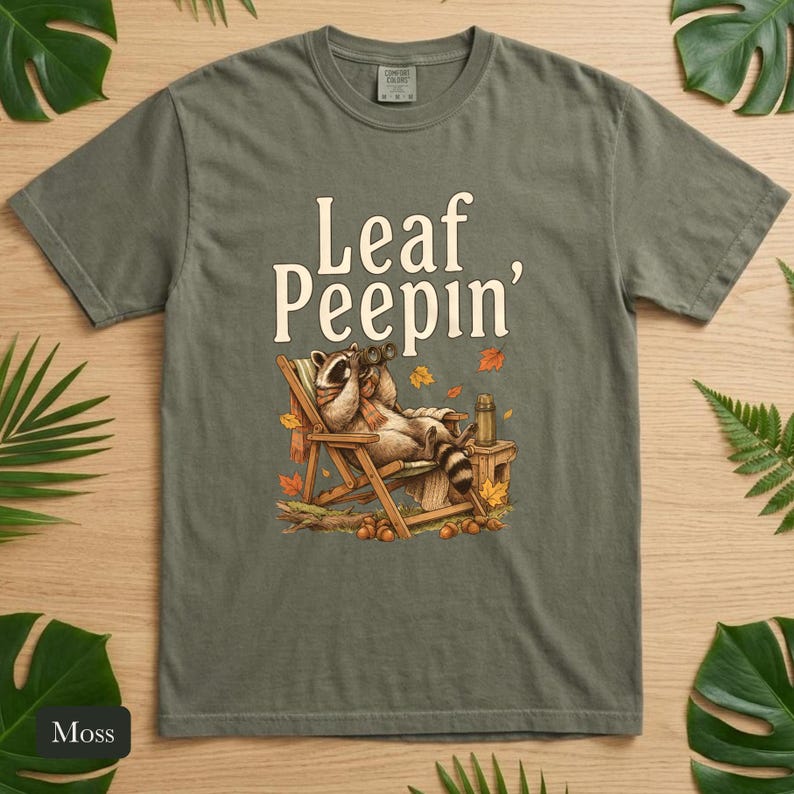 Raccoon Leaf Peepin' Comfort Colors® Cotton Shirt, Vintage Autumn Camp Illustration