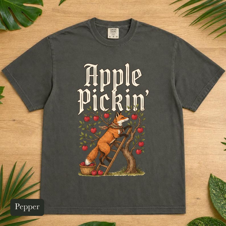 Red Fox Apple Picking Shirt, Comfort Colors® Vintage Fall Harvest Tee, Apple Pickin' Orchard Cottagecore Illustration, Fox Lover Gift