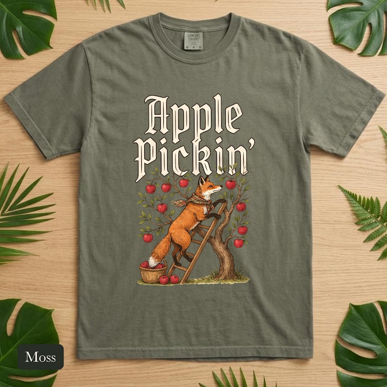 Red Fox Apple Picking Shirt, Comfort Colors® Vintage Fall Harvest Tee, Apple Pickin' Orchard Cottagecore Illustration, Fox Lover Gift
