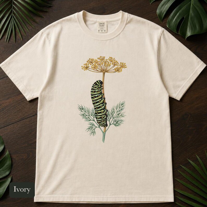 Black Swallowtail Caterpillar Shirt, Comfort Colors® Botanical Tee, Cottagecore Butterfly Shirt, Gardening Gift, Nature Lover Gift