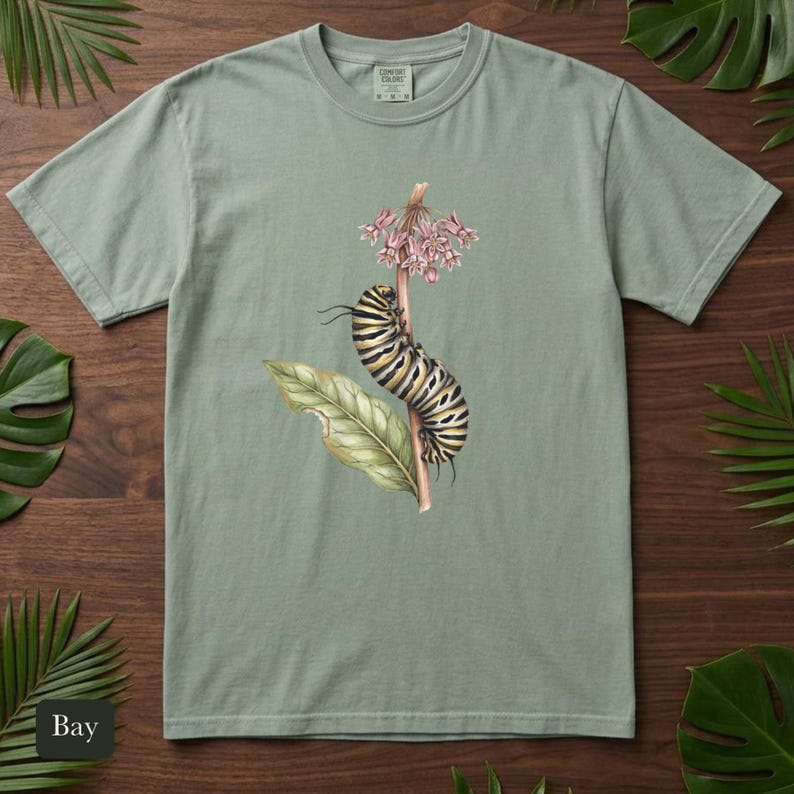 Monarch Caterpillar Shirt, Comfort Colors® Vintage Botanical Bug Tee, Cottagecore Insect Tshirt, Butterfly Garden Gift, Science Teacher Gift