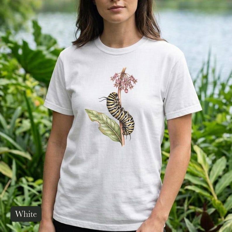 Monarch Caterpillar Shirt, Comfort Colors® Vintage Botanical Bug Tee, Cottagecore Insect Tshirt, Butterfly Garden Gift, Science Teacher Gift