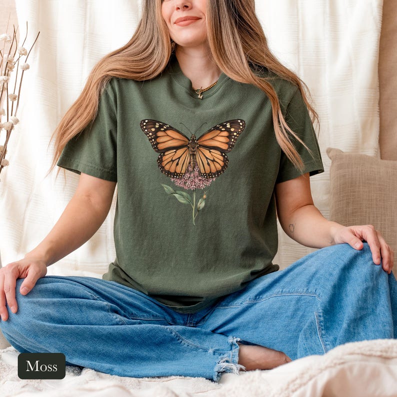 Monarch Butterfly Shirt, Comfort Colors® Cottagecore Wildflower Tee, Botanical Insect Shirt, Butterfly Garden Gift, Entomology Gift