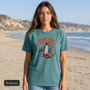 Penguin Shirt, Ride The Current, Comfort Colors®, Vintage Surf Art, Ocean Wave Lover Gift, Retro Beach Vibes, Marine Life Design