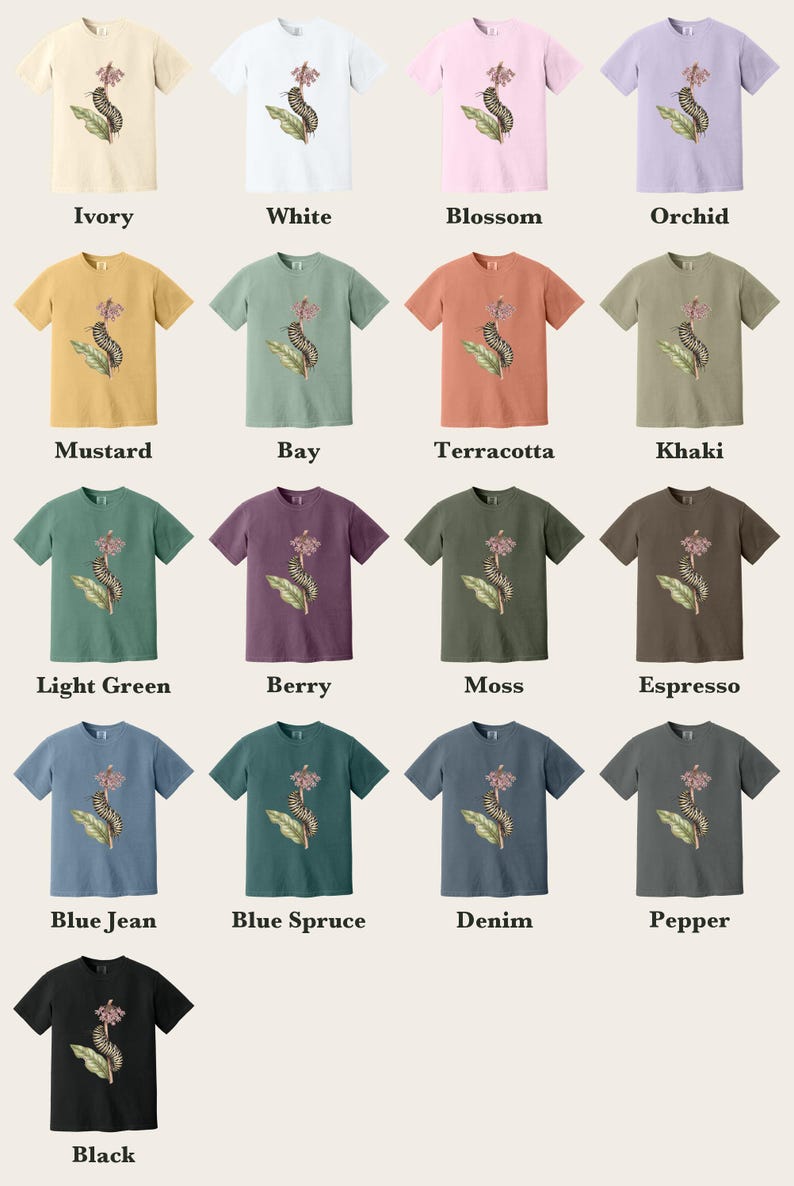 Monarch Caterpillar Shirt, Comfort Colors® Vintage Botanical Bug Tee, Cottagecore Insect Tshirt, Butterfly Garden Gift, Science Teacher Gift