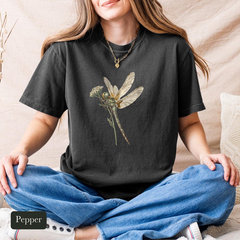 Dragonfly Shirt, Comfort Colors® Entomology Tee, Cottage Core Wildflower Graphic Tee, Bug Lover Gift, Vintage Botanical Insect Illustration